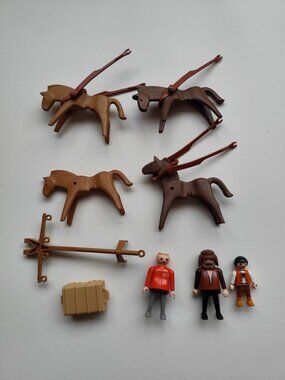 Vintage Playmobil Lot 1974 Geobra 4 Horses Wagon Parts 3 Figures